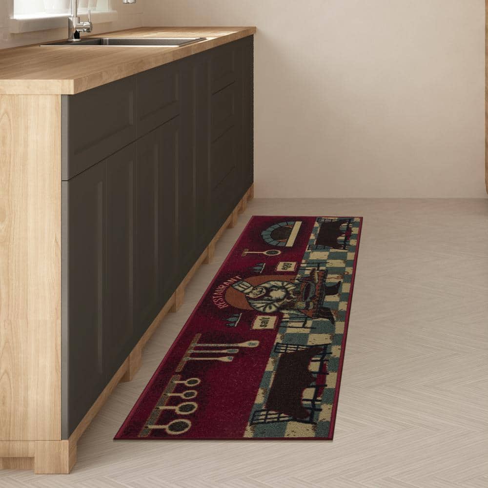 Red Chef Design Non-Slip Kitchen Runner Rug, 20" x 59"