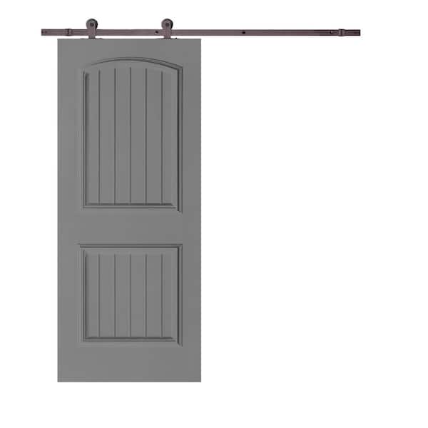 CALHOME Elegant Series 30 in. x 80 in. Light Gray Stained Composite MDF 2 Panel Camber Top Sliding Barn Door with Hardware Kit