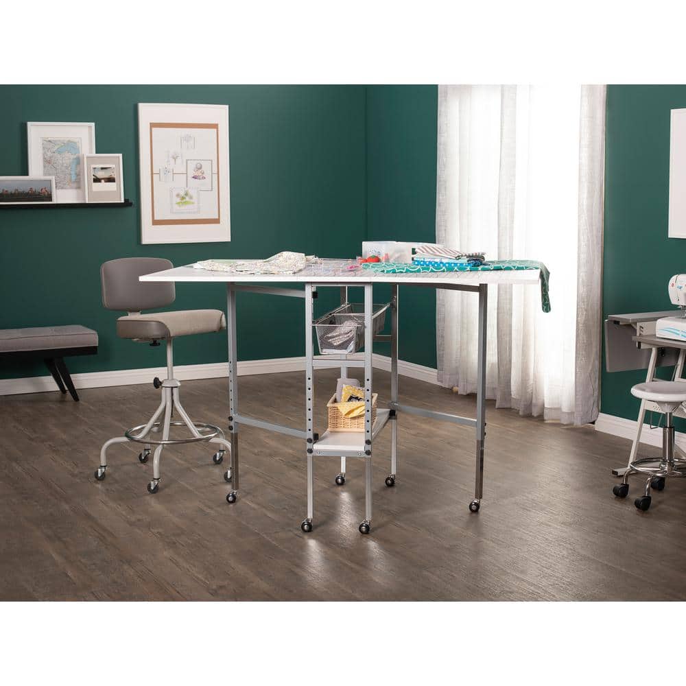 Adjustable Silver and White Folding Cutting Table with Grid Top