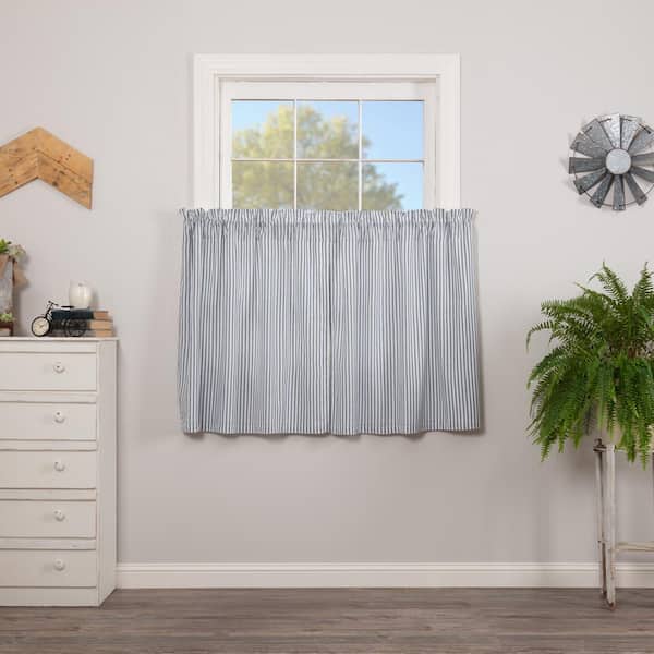 Sawyer Mill Ticking Stripe 36 in. W x 36 in. L Light Filtering Tier Window Panel in Denim Blue Soft White Pair