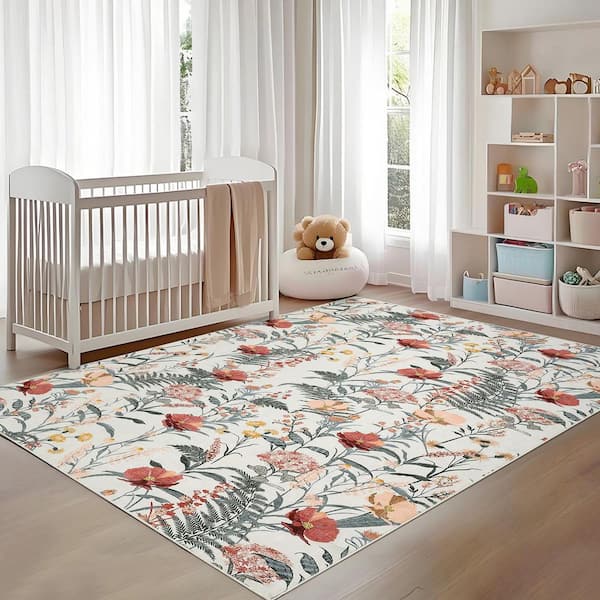 Beige 9 ft. x 12 ft. Non-Slip Border Print Rug Machine Washable Ultra Thin Soft for Bedroom Dining Room Office