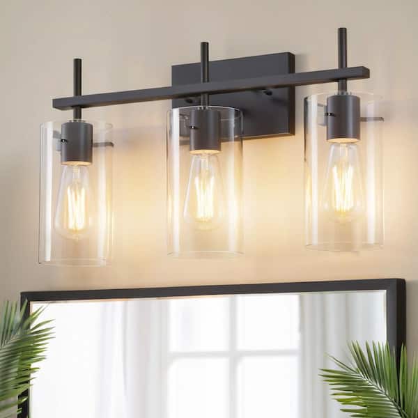 20 in. Black Metal 3-Light Bathroom LED Vanity Light for Bathroom with Cylindrical Clear Glass Shades and Square Back