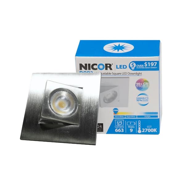 NICOR DQR Series 2 in. 3000K Square Eyeball Remodel or New Construction Integrated LED Recessed Downlight Kit in Nickel