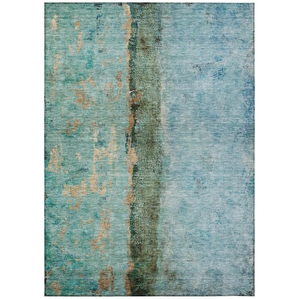 Blue, Gold 10 ft. x 14 ft. Woven Abstract Polyester Rectangle Indoor / Outdoor Area Rug
