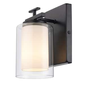 Lisbon 1-Light Black Wall Sconce Light Fixture with Clear Glass Outer and Opal Glass Inner Shade