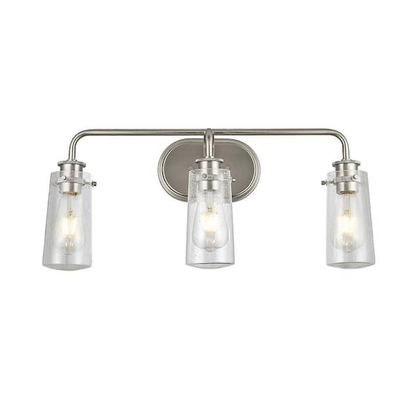 Unbranded 8 in. 3-Light Brushed Nickel Vanity Light with Clear Seedy Glass Shades