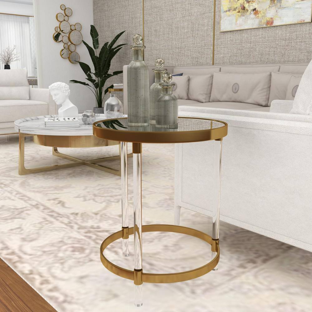 Elegant Gold Round Acrylic Accent Table with Mirrored Top
