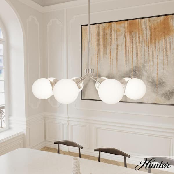 Hunter Hepburn 8-Light Brushed Nickel Branched Chandelier with Cased White Glass Shades