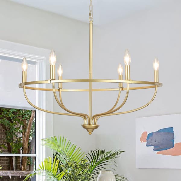 LWYTJO Hatsumi 6 Light Gold Farmhouse Candle Style Wagon Wheel Chandelier for Living Room Kitchen Island Dining Room Foyer