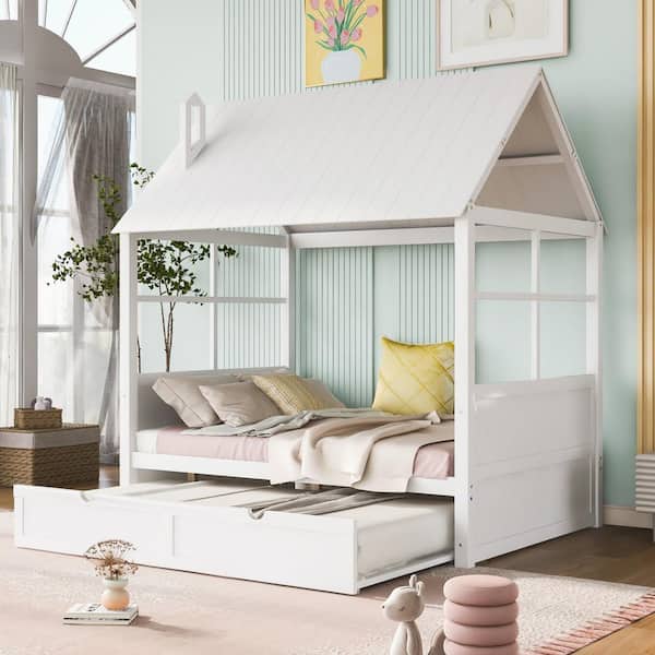JASMODER White Fabric Frame Full Platform Bed for Home or Office