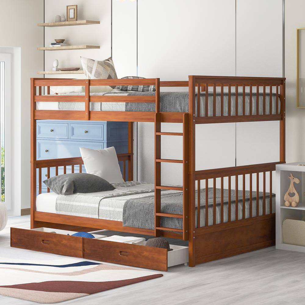 Harper & Bright Designs Classic Walnut Full Over Full Wood Bunk Bed with Ladder and 2-Storage Drawers, Brown