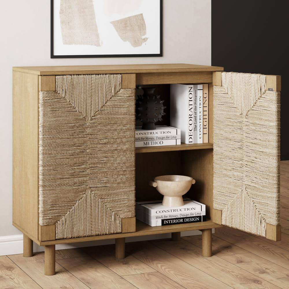 Beacon Light Brown Wood and Seagrass Storage Cabinet with Adjustable Shelves