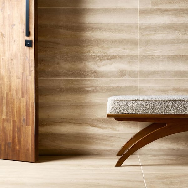 Auramar Waves Travertino Beige 23.62 in. x 47.24 in. 3D Travertine Look Matte Porcelain Wall Tile (15.38 Sq. Ft. / Case)