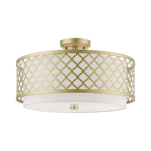 Arabesque 18.125 in. 3-Light Soft Gold Semi-Flush Mount with Off-White Fabric Shade