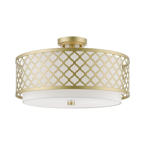 Livex Lighting Arabesque 18.125 in. 3-Light Soft Gold Semi-Flush Mount with Off-White Fabric Shade