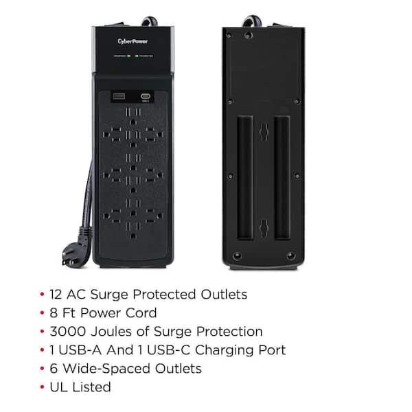 CyberPower 12-Outlet Surge Protector with USB-A and USB-C, 8 ft