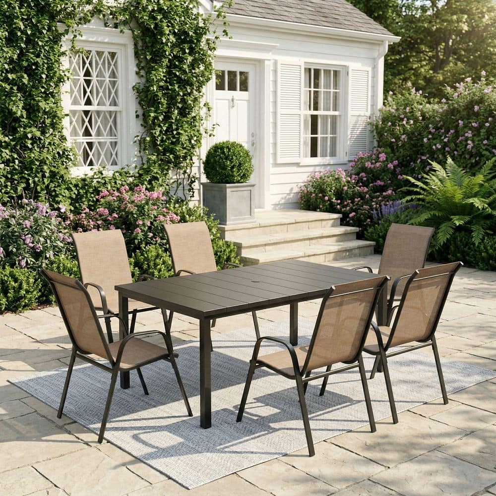 7-Piece Metal Outdoor Dining Set with 63 in. Black Rectangular Patio Table and 6-Brown Stackable Textilene Dining Chairs
