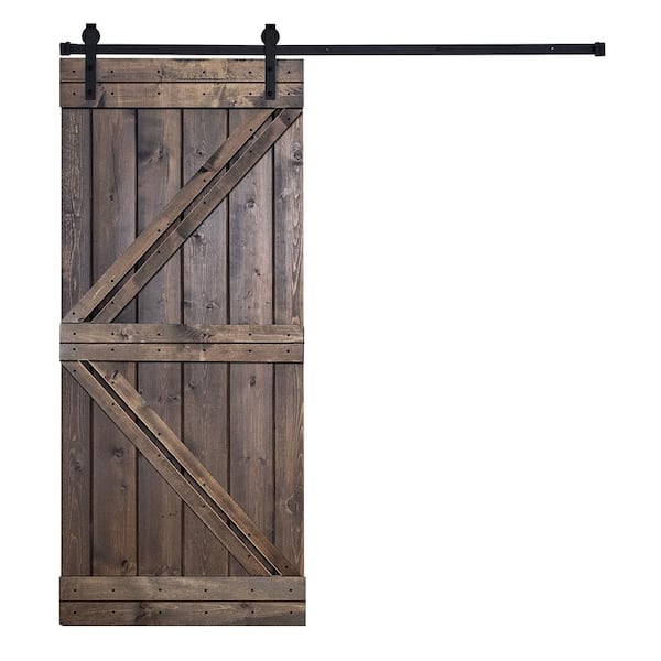 AIOPOP HOME 38 in. x 84 in. Modern K-Bar Series Otter Brown Stained Knotty Pine Wood DIY Sliding Barn Door with Hardware Kit