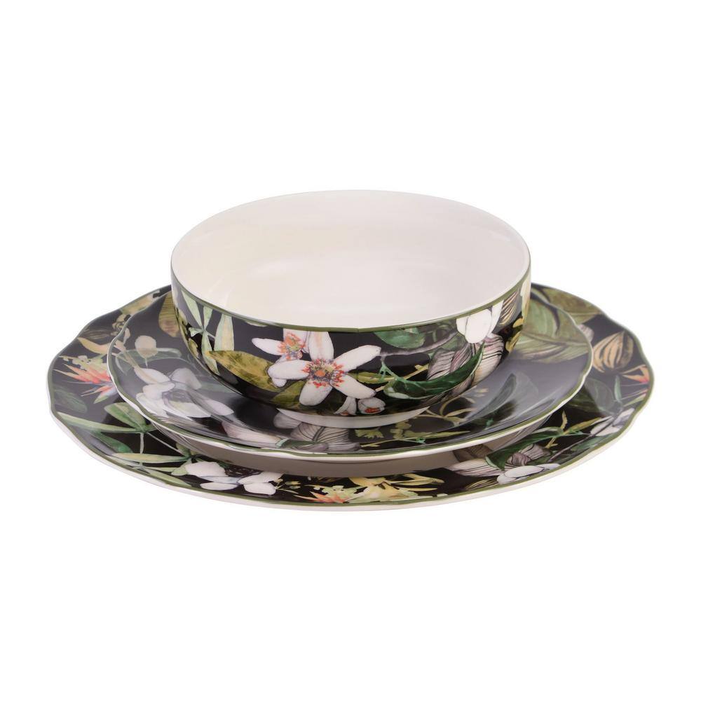 Borneo Black Floral Porcelain 12-Piece Dinnerware Set