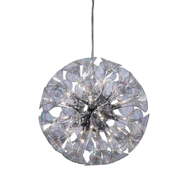 PLC Lighting 25-Light Polished Chrome Chandelier with Iridescent Glass Shade