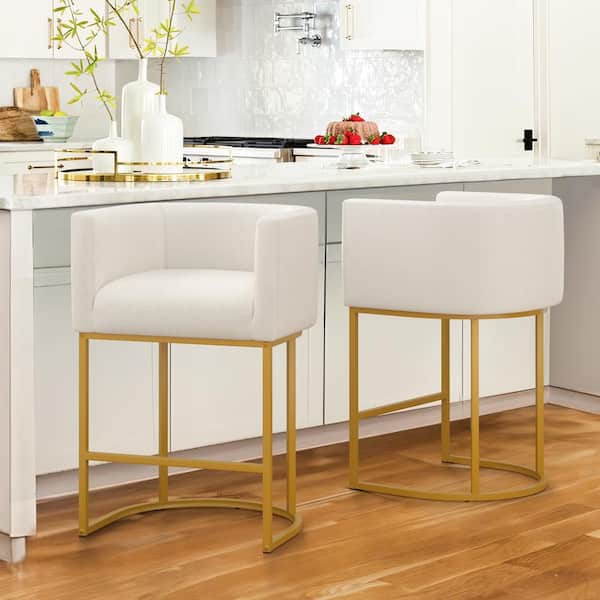 LUE BONA Jessica 26 in.Beige Modern Counter Bar Stool Fabric Upholstered Barrel Counter Stool with Gold Metal Frame 2-pack