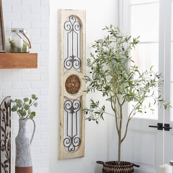 Litton Lane 12 in. x  58 in. Wood White Distressed Door Inspired Ornamental Scroll Wall Decor with Metal Wire Details
