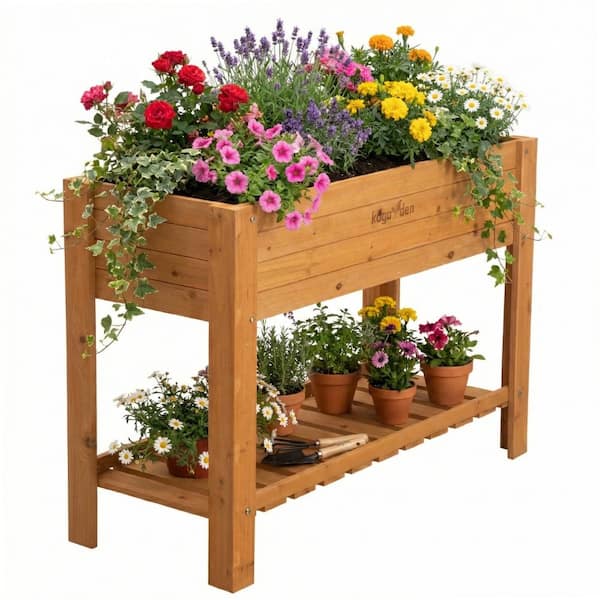 39 in. x 16 in. x 33 in. H Elevated Cedar Wood Raised Garden Bed with Shelf Outdoor Wooden Planter Box