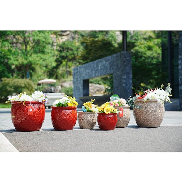 Set of 3 13 in. Round Bean Paste Red Ceramic Flower Pot with Drainage-Frost Resistant Planter for Indoor Outdoor