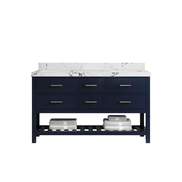Willow Collections Parker 60 in. Double Sink Freestanding Navy Blue Bath Vanity with Viola Night Qt. Top Unassembled