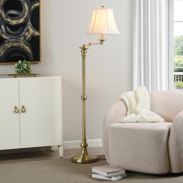 StyleCraft 62 in. Antique Brass Floor Lamp with White Fabric Shade
