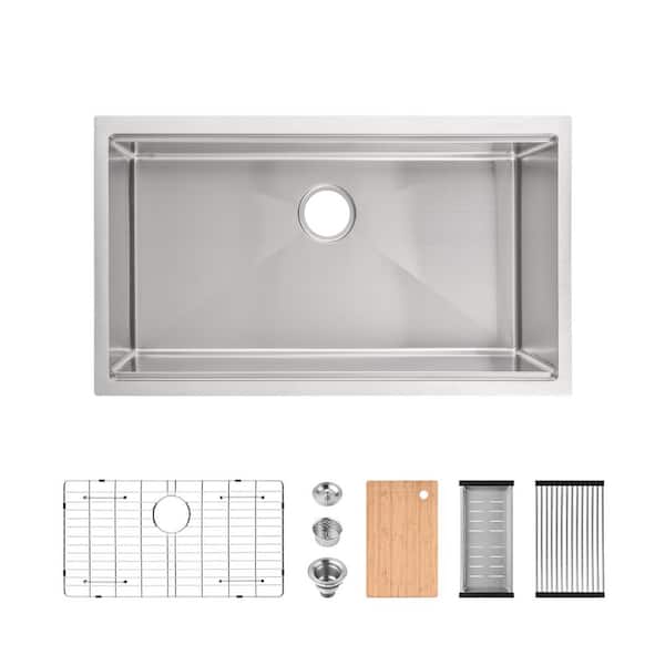 Steelux 33 in. x 19 in. Undermount Single Bowl Stainless Steel Workstation Kitchen Sink in Brushed with Accessories