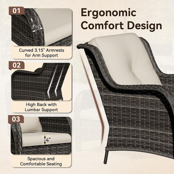4-Piece Wicker Patio Conversation Seating Sofa Set with Beige Cushions and Brown Steel Coffee Table