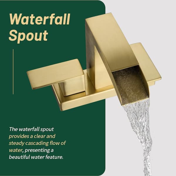 Waterfall Spout 304-Stainless Steel 4 in. Centerset Double Handle Bathroom Faucet with Drain Kit Included inBrushed Gold