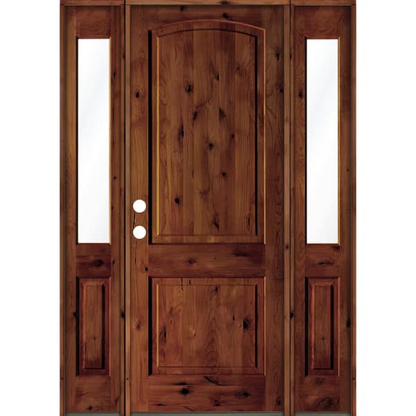 Krosswood Doors 58 in. x 96 in. Rustic Knotty Alder Arch Top Red Chestnut Stained Wood Right Hand Single Prehung Front Door