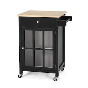Lansing Black Kitchen Cart with Glass Panel Cabinet