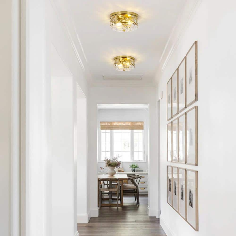 Gold 9.8" Flush Mount Ceiling Light with Hammered Glass Shade