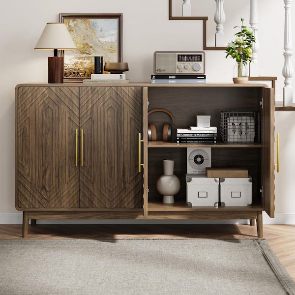 Unbranded Walnut TV Stand Fits TV's up to 50 to 55 in. with Large Storage Space, Carved 4 Door Sideboard, Adjustable Layer Board