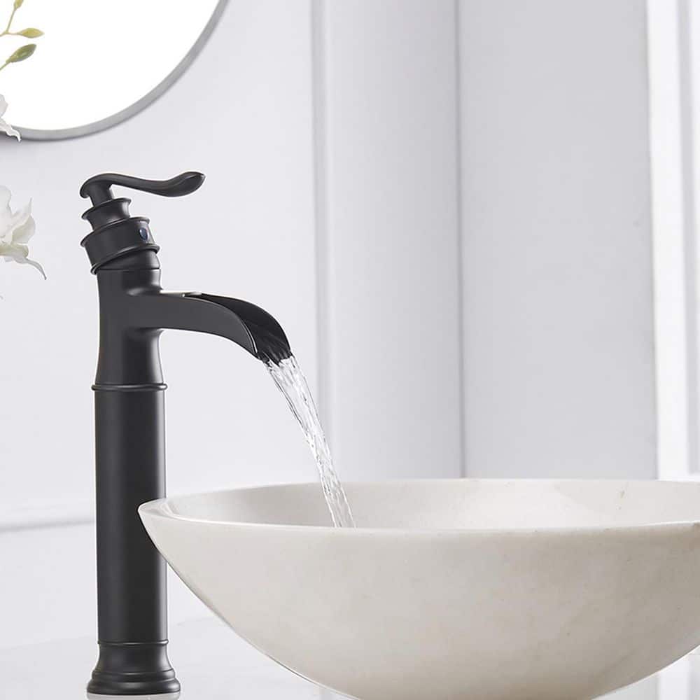Matte Black Waterfall Single-Handle Vessel Bathroom Faucet with Drain Assembly