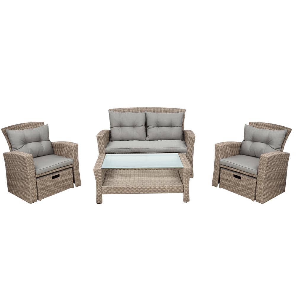 4-Piece Wicker Patio Conversation Set with Gray Cushions, U-style Patio Fur