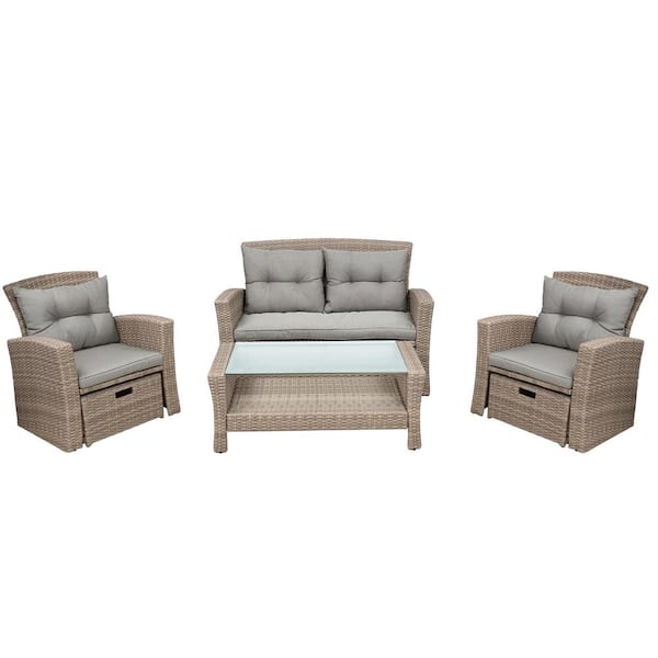 Unbranded 4-Piece Wicker Patio Conversation Set with Gray Cushions, U-style Patio Furniture Set, All Weather Sectional Sofa