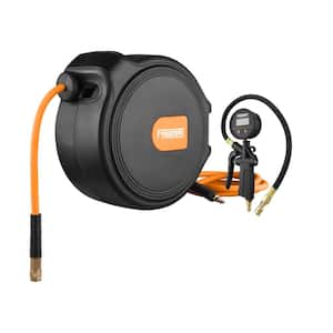 Digital Tire Inflator with LCD Gauge and 65 ft. Compact Air Hose Reel with 1/4 in. Hybrid Air Hose and Swivel Wall Mount