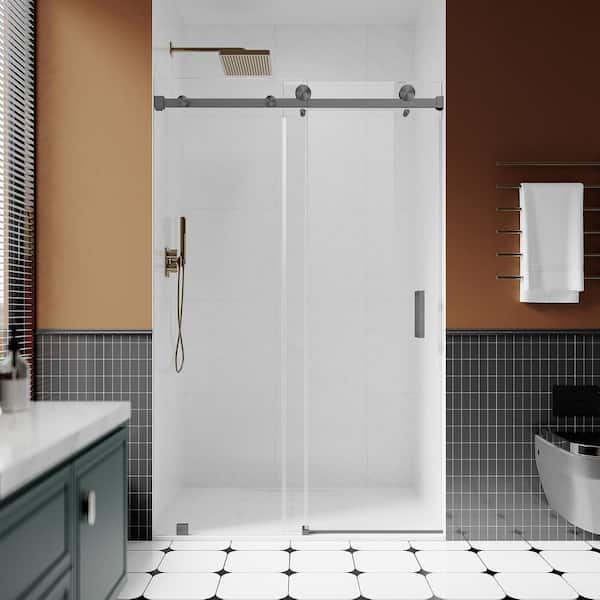UNIKOO UKS05 46 to 49 in. W. x 76 in. H Sliding Frameless Shower Door in Space Gray, Enduro Shield 3/8 in. SGCC Clear Glass