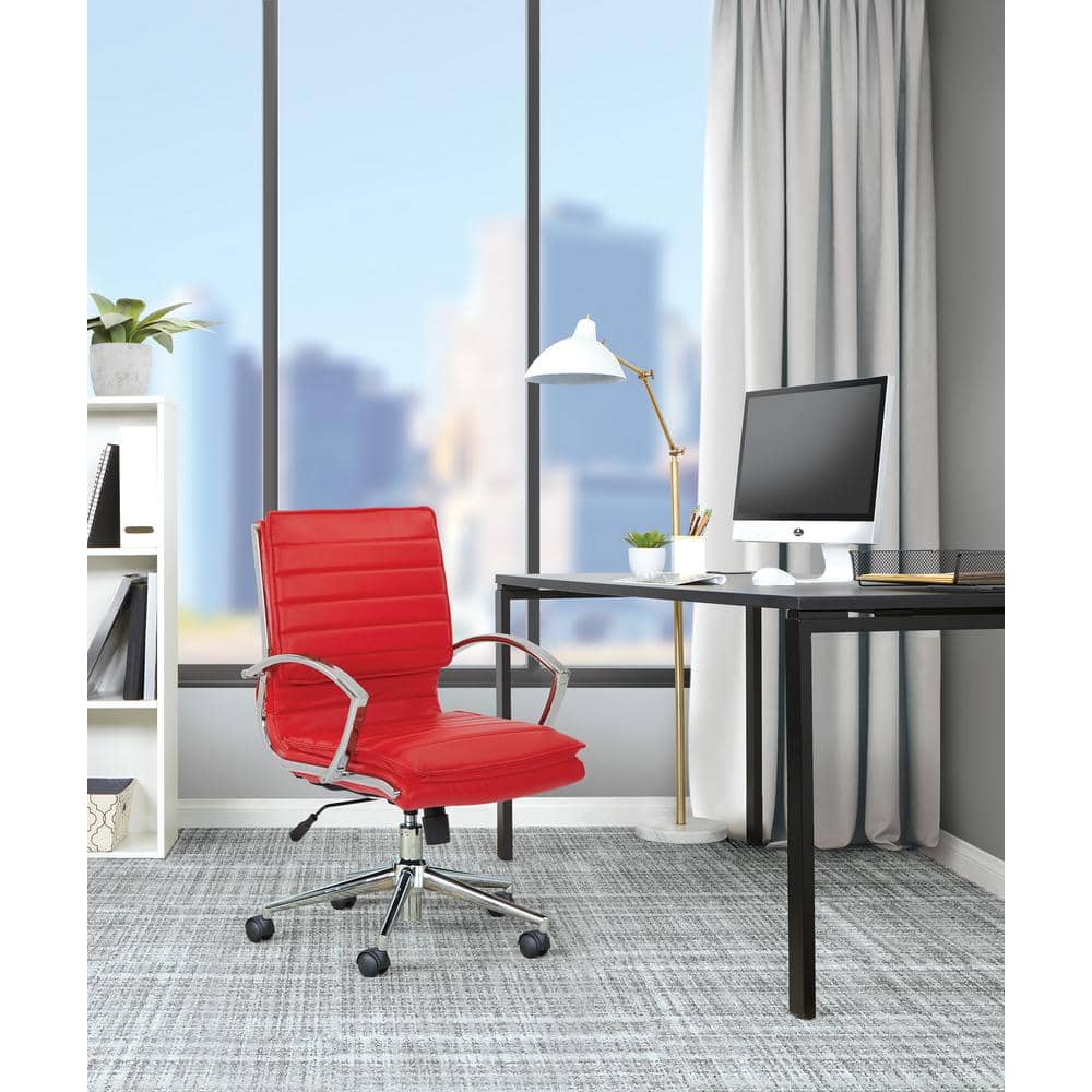 Executive Mid-Back Swivel Chair in Red Leather with Chrome Base