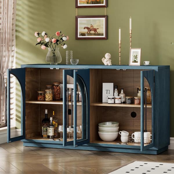 Retro Navy Solid Wood 60 in. Sideboard Buffet Cabinet with 4