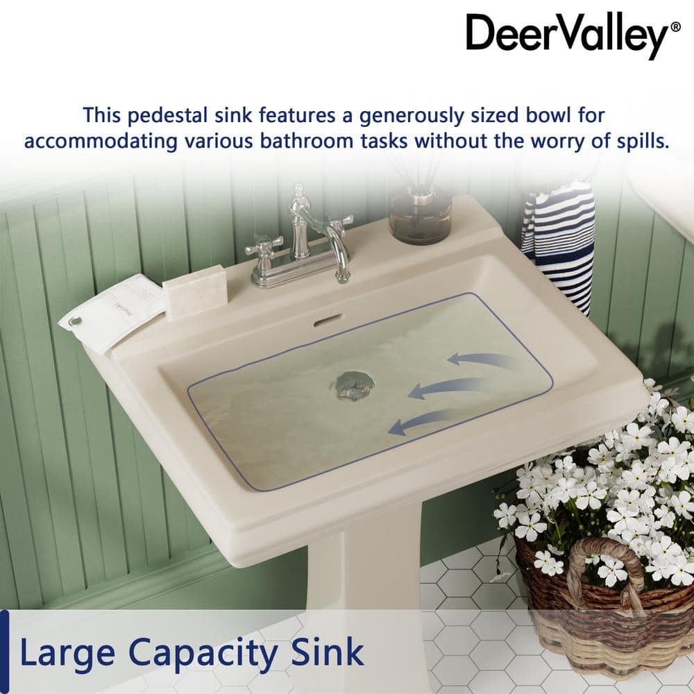 Bone Ceramic Rectangular Pedestal Bathroom Sink with Triple Faucet Holes
