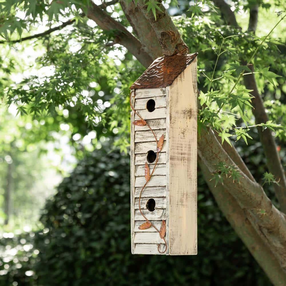 Distressed Off-White Three-Tier Wooden Birdhouse with Metal Roof