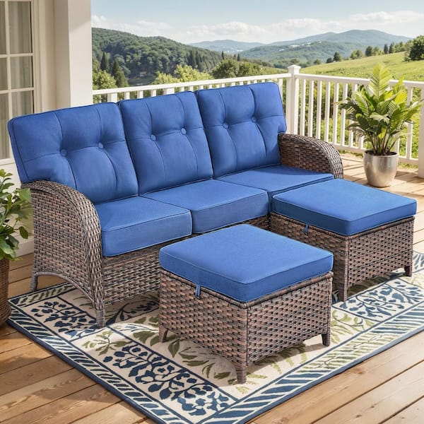 Brynn 3-Piece Brown Wicker Patio Couch Outdoor Sectional Sofa Set Furniture Set with Blue Cushions and Ottomans