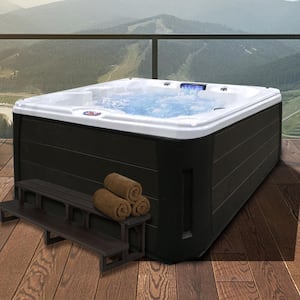 7-Person 30-Jet Premium Acrylic Bench Bath White Spa Hot Tub with Backlit LED Waterfall