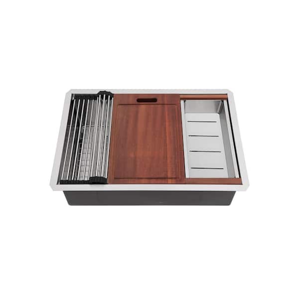 30 in. Undermount Single Bowl 16-Gauge Brushed Nickel Stainless Steel Kitchen Sink with Strainer Basket and Bottom Girds