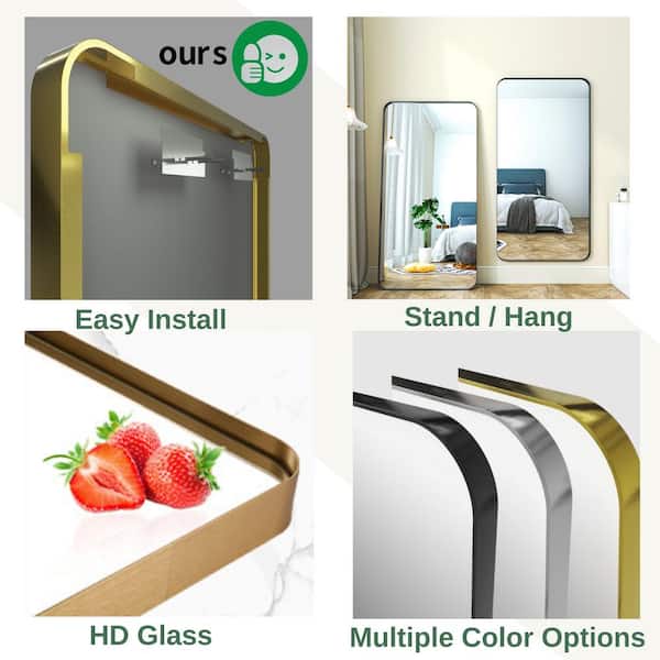 36 in. W x 60 in. H Rectangular Modern Gold Aluminum Framed Rounded Full Length Mirror